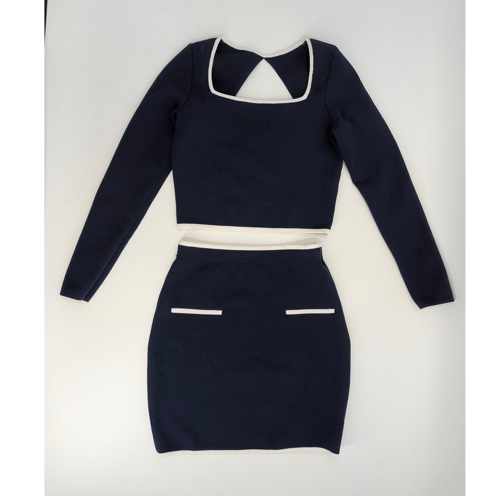 Sincerely Jules Navy Blue White Knit Two Piece Set Crop Top Mini Skirt XS